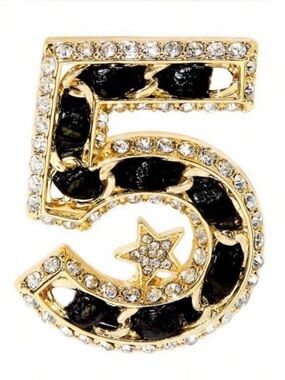 💎 NEW 💎 Gold and Black Crystal Number 5 Brooch Pin 💎